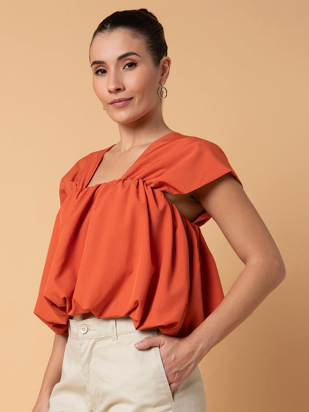 Women's Orange Solid Square Neck Synthetic Crepe Top