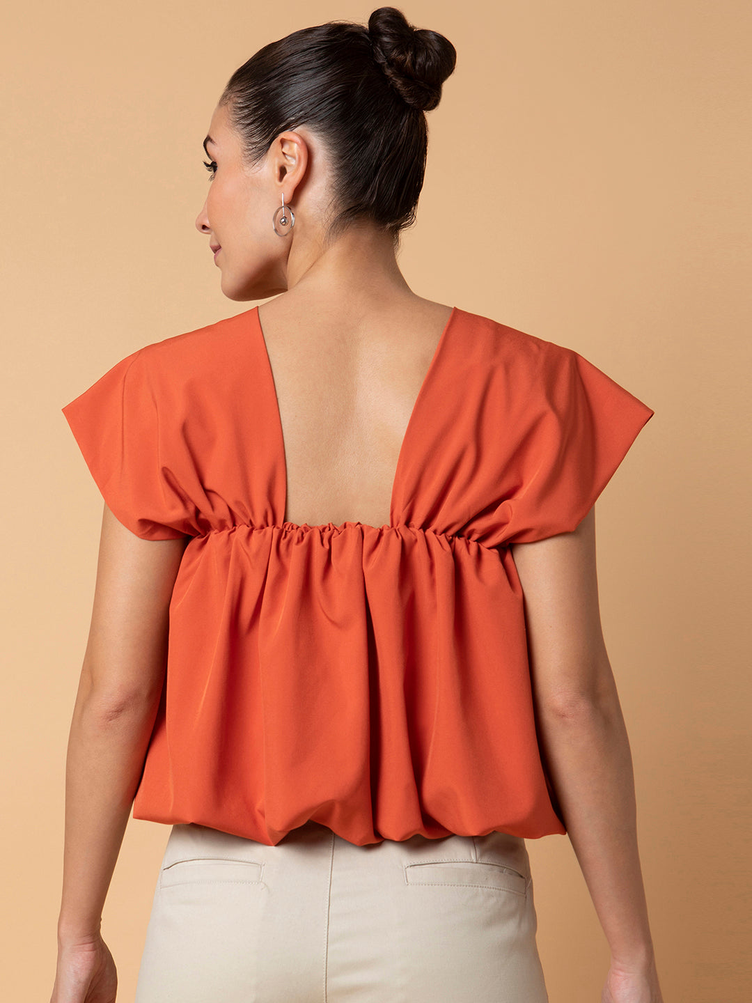Women's Orange Solid Square Neck Synthetic Crepe Top