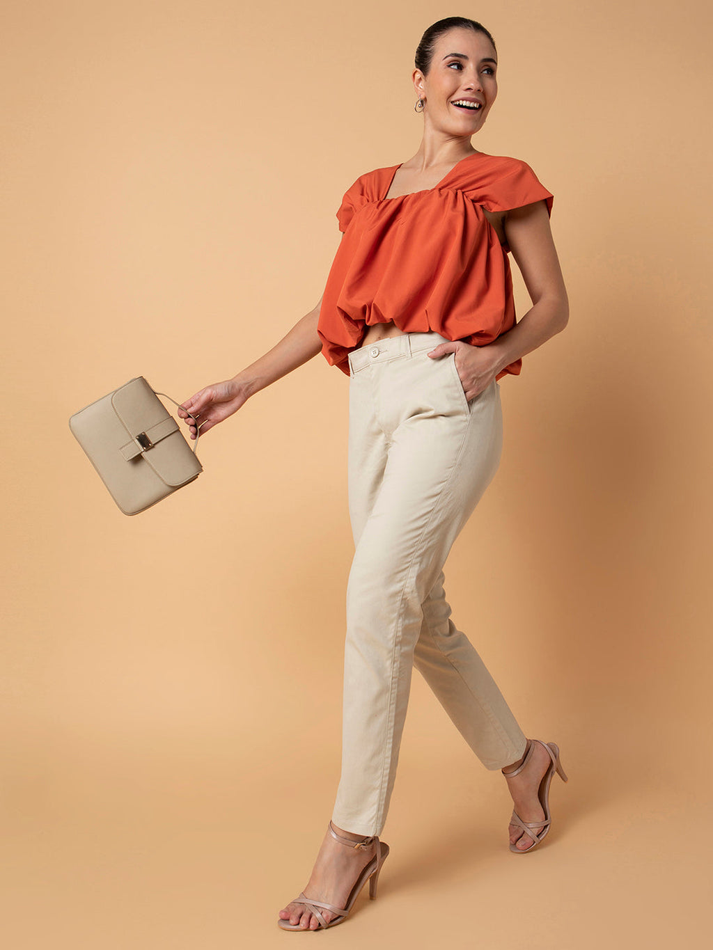 Women's Orange Solid Square Neck Synthetic Crepe Top