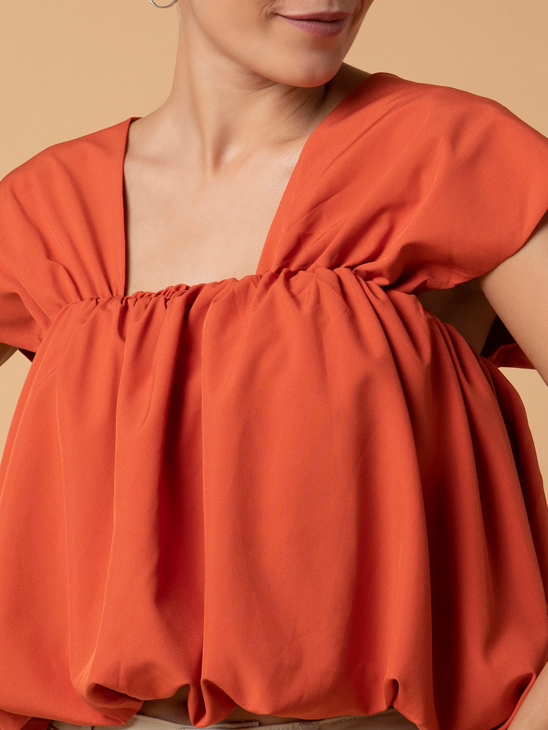 Women's Orange Solid Square Neck Synthetic Crepe Top