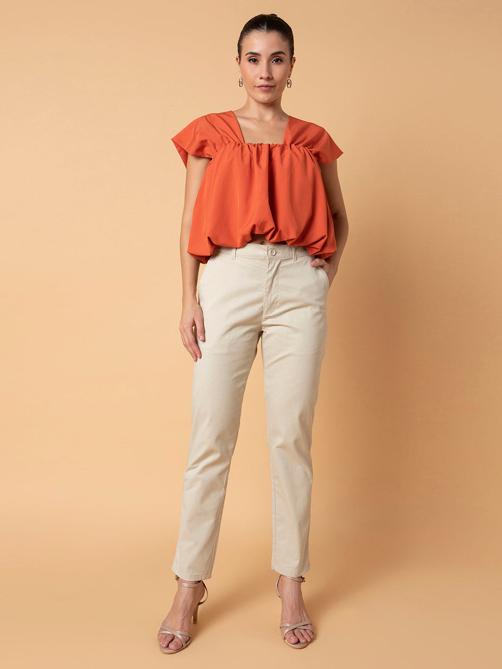 Women's Orange Solid Square Neck Synthetic Crepe Top