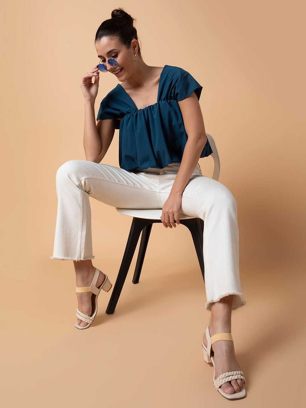 Women's Solid Teal Blouson Top