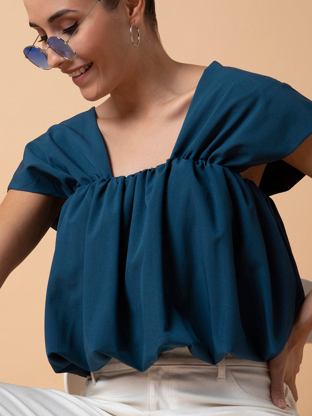 Women's Solid Teal Blouson Top