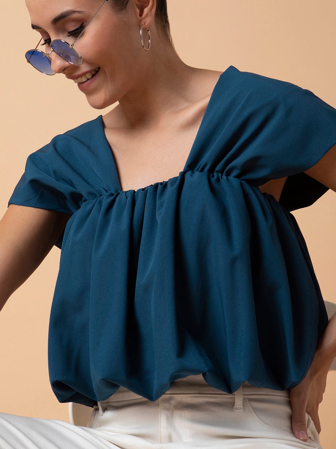 Women's Solid Teal Blouson Top