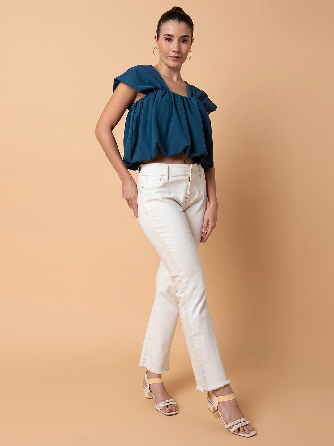 Women's Solid Teal Blouson Top