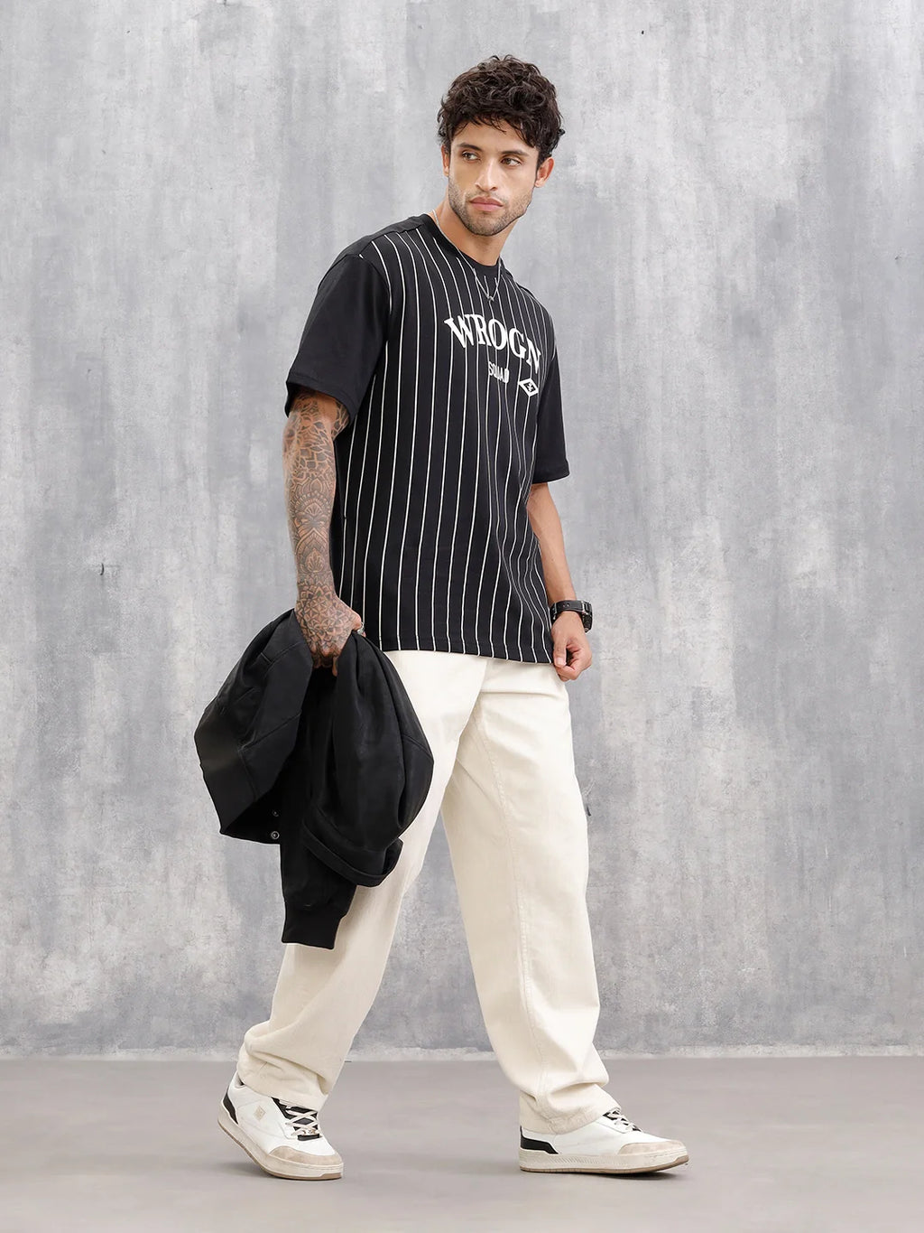 Striped Oversized Fit T-shirt With Flock Print | Black