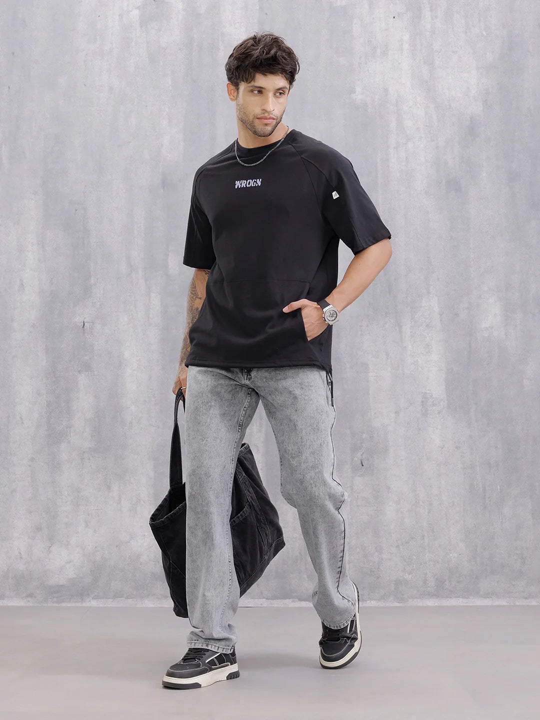 Tonal Cut&Sew Oversized Fit T-shirt With Patch Pocket And Elasticated Bottom Hem | Black