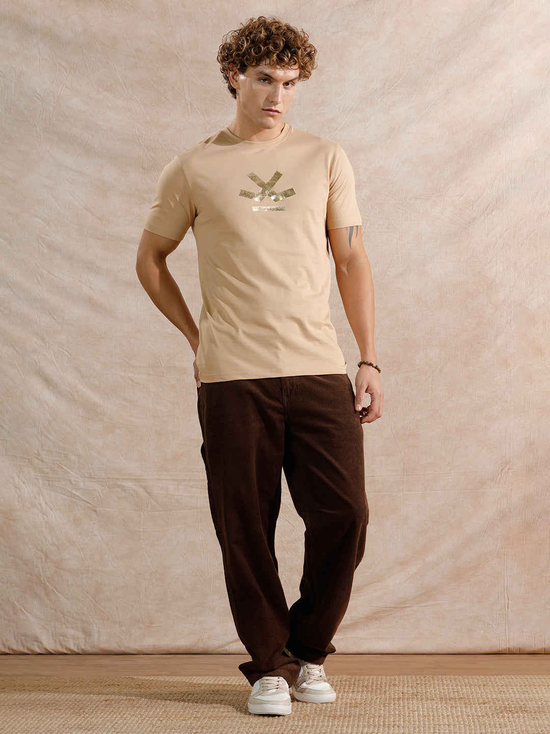 Gold Foil Print Slim Fit T-Shirt | Beige