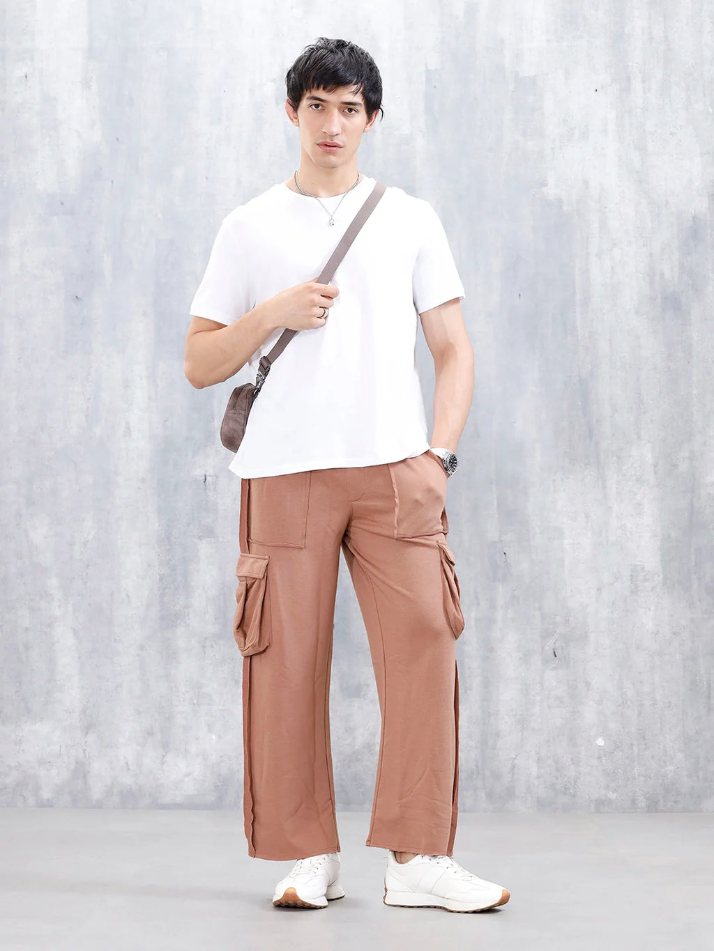 Men's Casual Relaxed Fit Cargo Knit Jogger With Raw Edge Detail | Brown