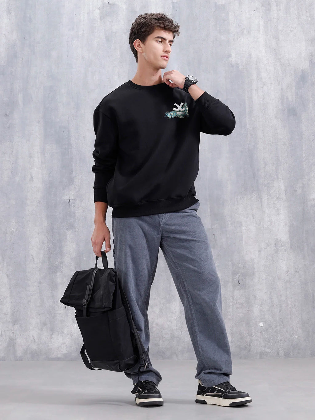 Carpet Tapestry Inspired Oversized Fleece Back Print Sweatshirt | Black