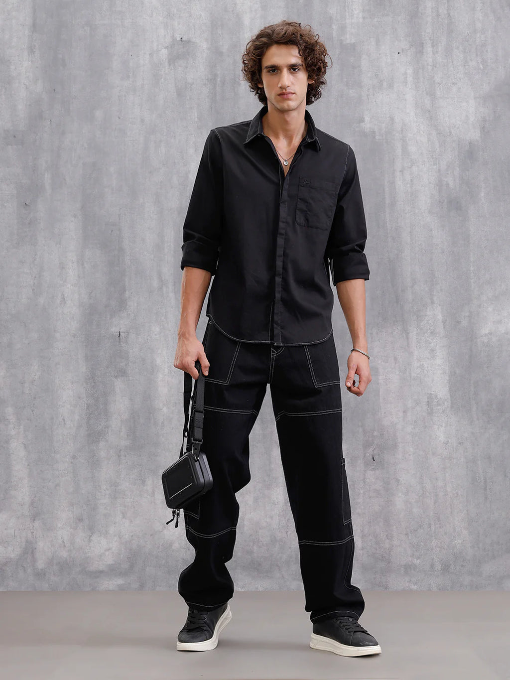 Contrast Stitch Royal Oxford Solid Shirt | Black