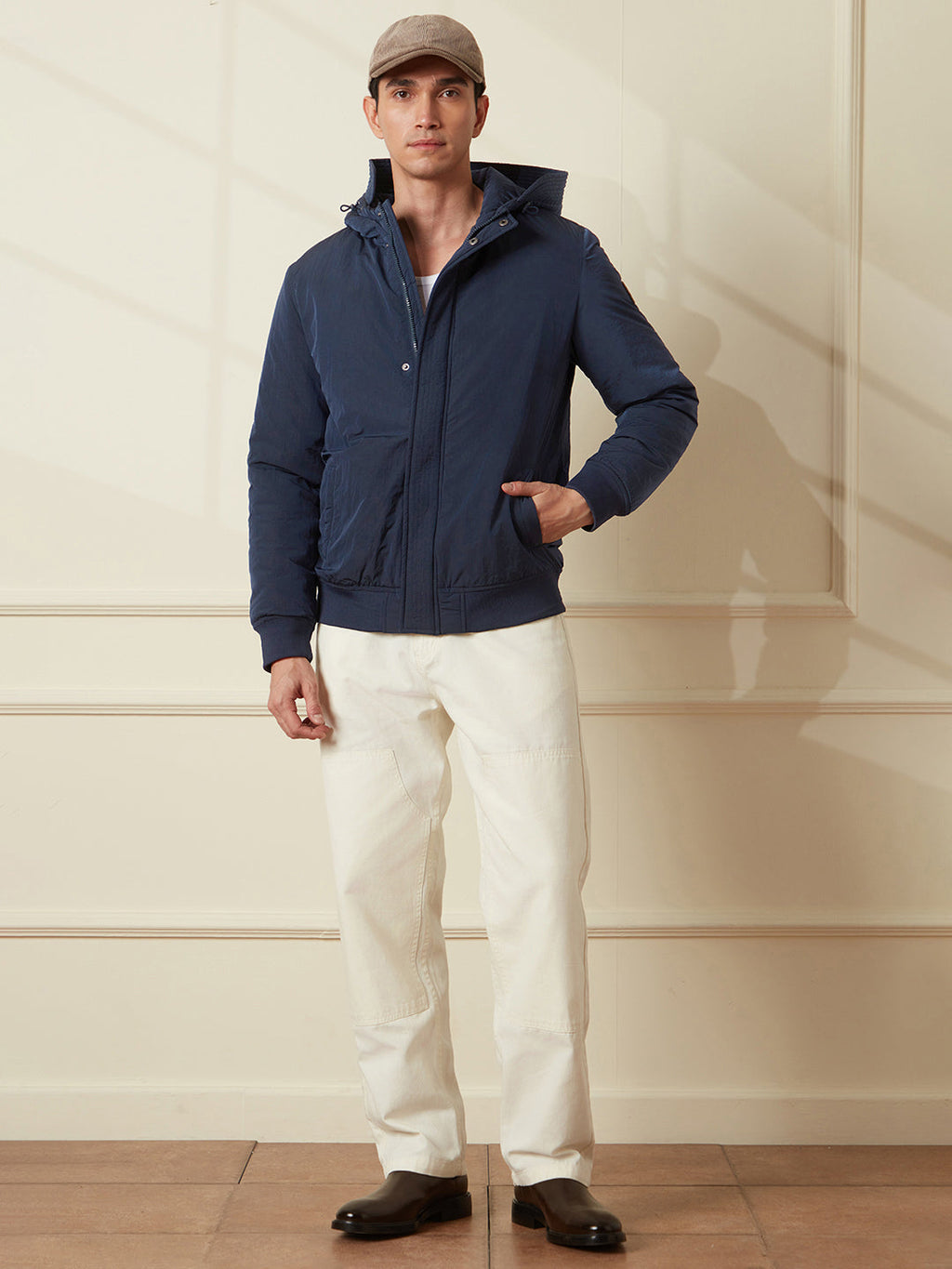 Crushed Metallic Hooded Jacket | Navy Blue