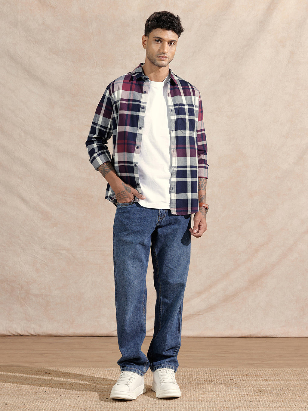 Checked Twill Slim Fit Shirt | Maroon