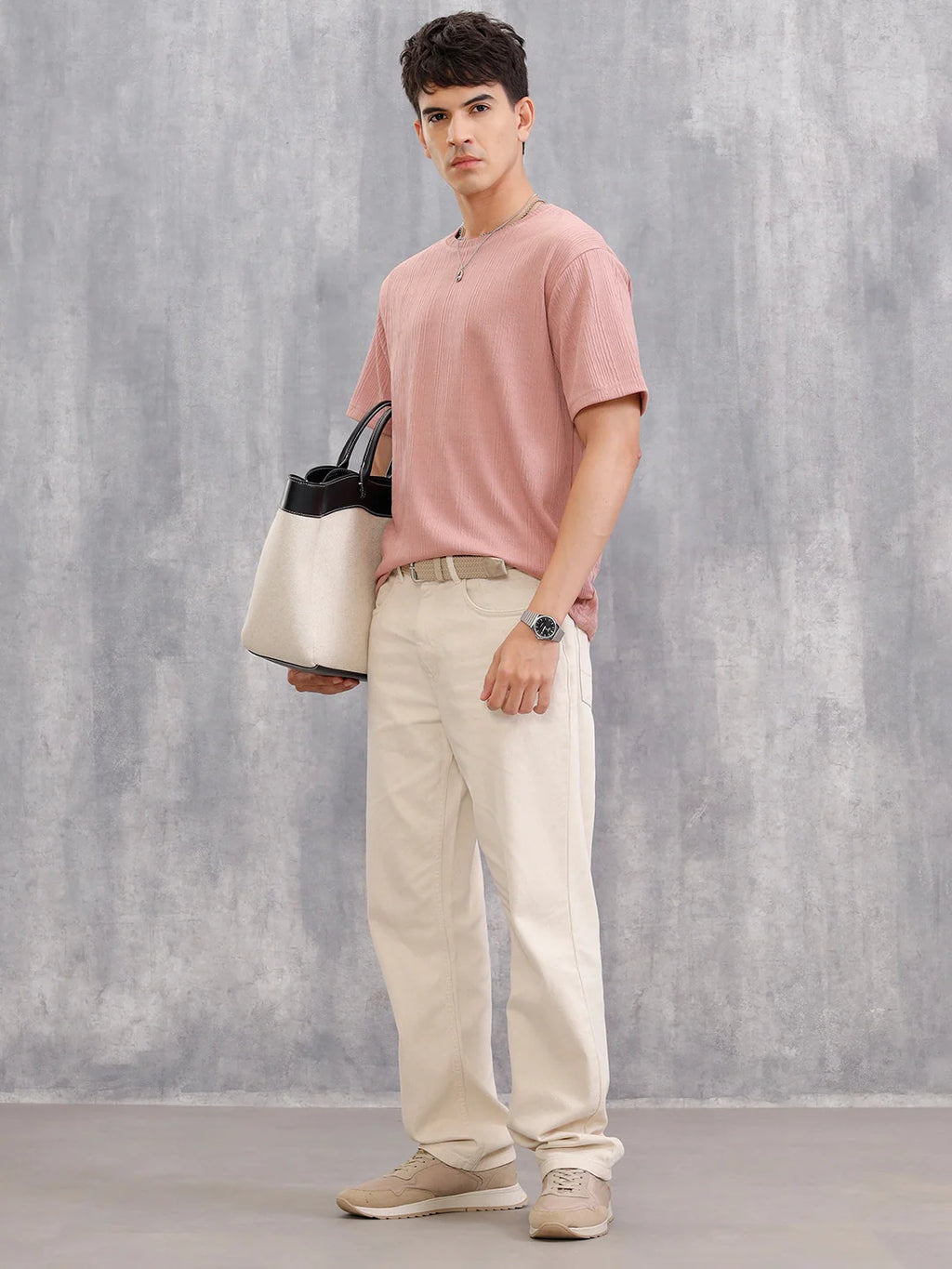 Honeycomb Textured Knit Crew Neck Pullover In Oversized Fit  |  Pink