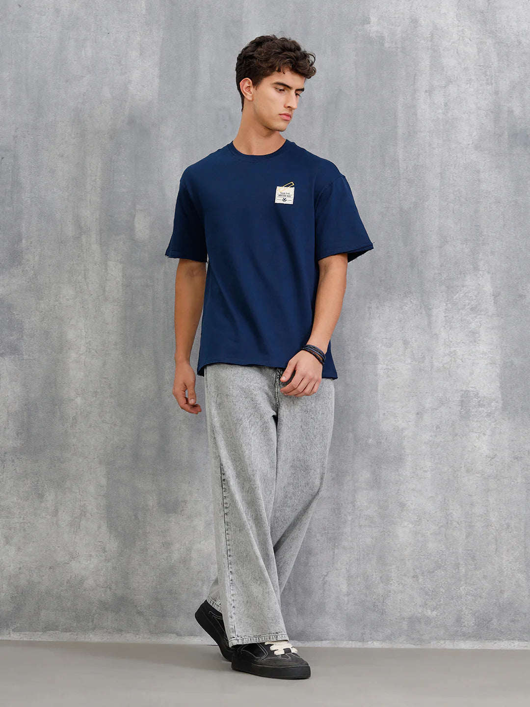 Solid Oversized T-Shirt With Printed Canvas Patch And Raw Edge Detail  | Navy Blue