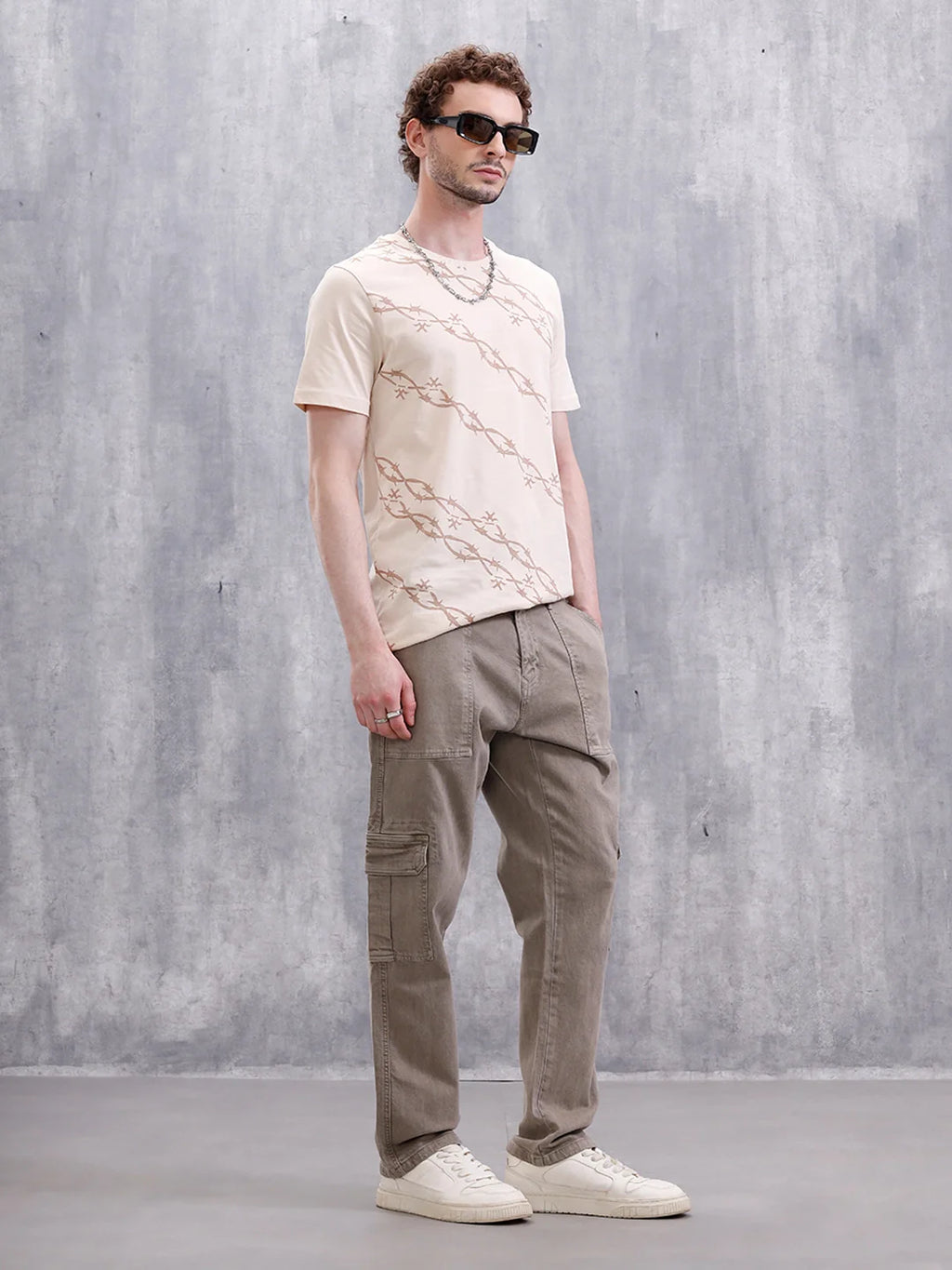 Barbed Wire AOP Slim Fit T-Shirt | Beige