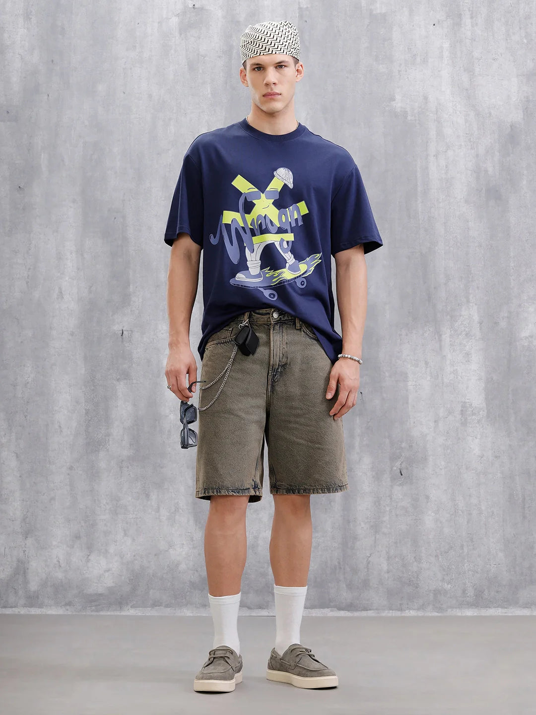 Skater Logo Printed Oversized Fit T-Shirt  | Navy Blue