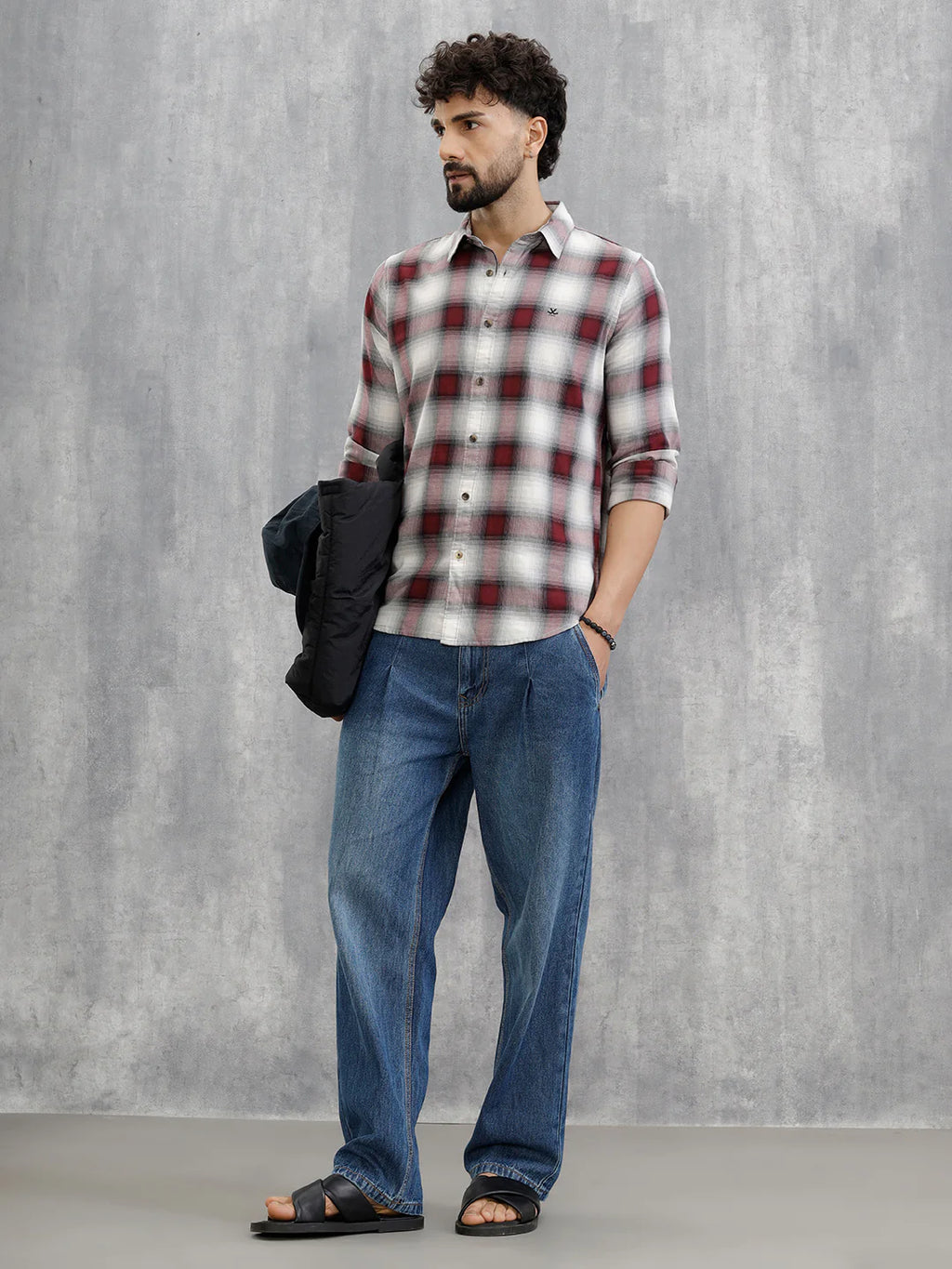 Cotton Twill Shadow Check Shirt In Slim Fit | Wine