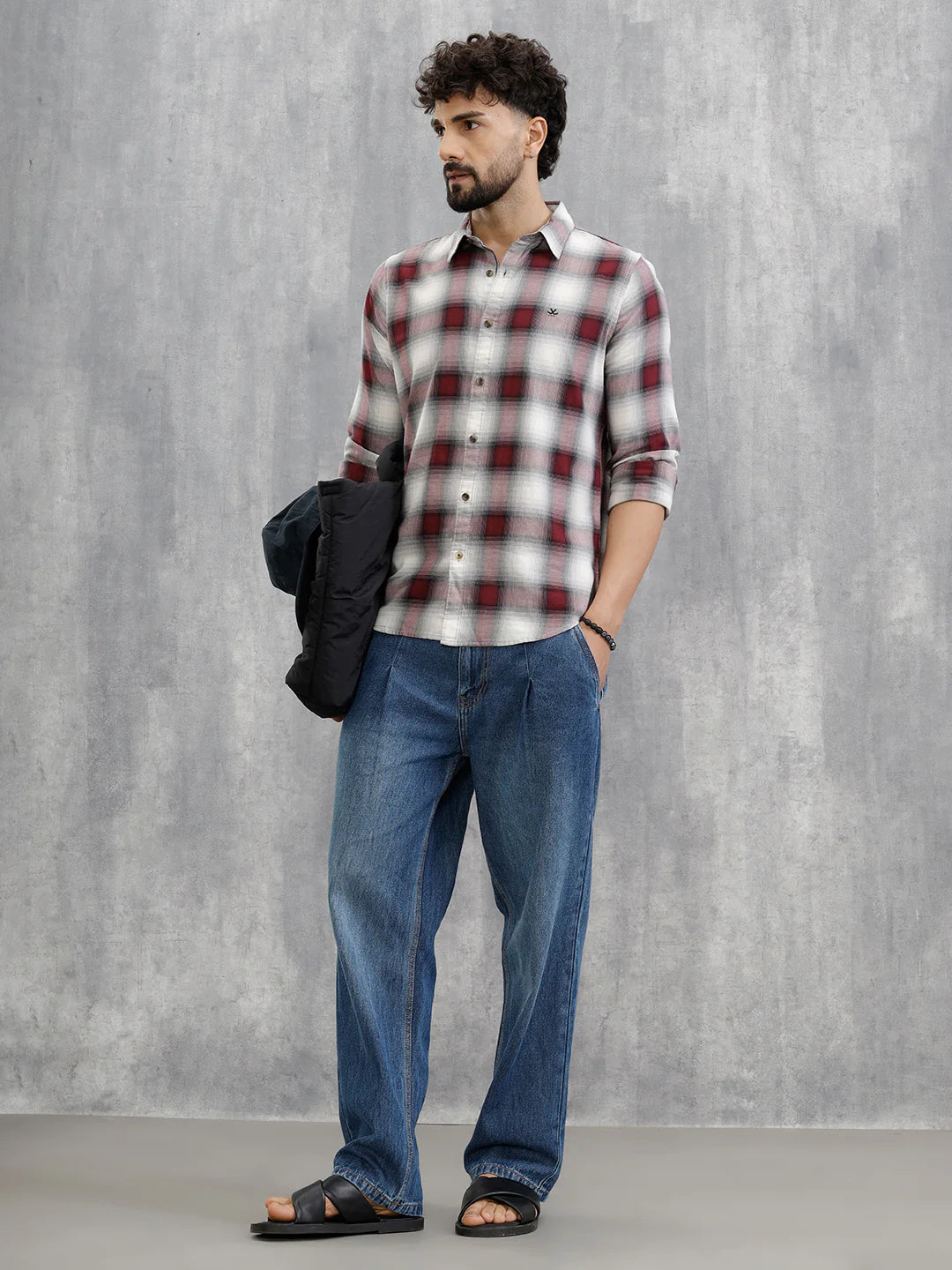 Cotton Twill Shadow Check Shirt In Slim Fit | Wine
