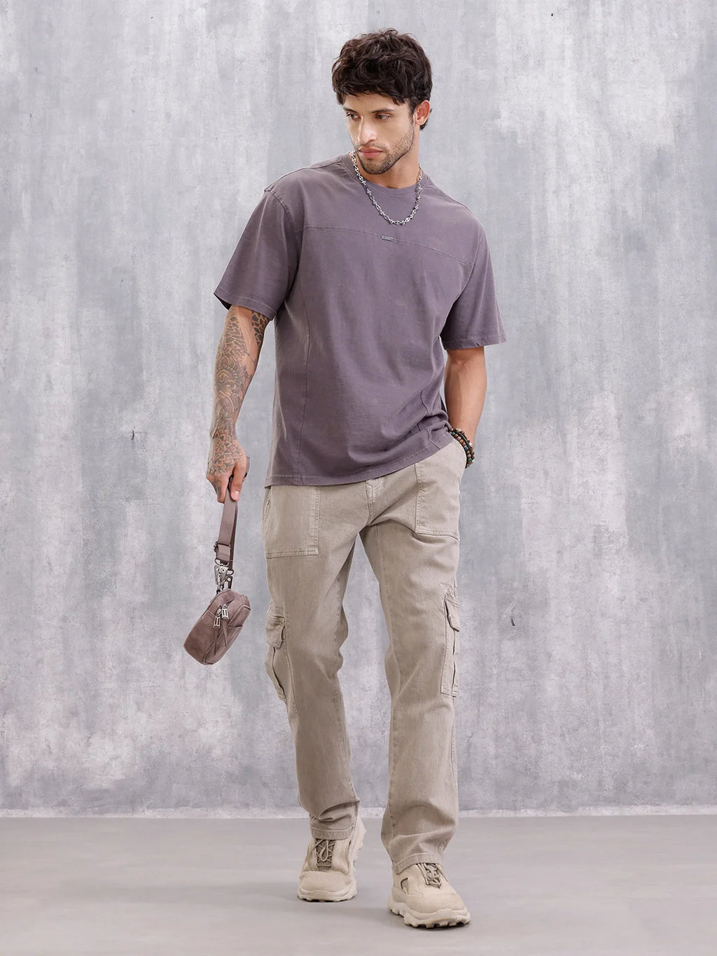 Distressed Grunge Look Oversized Fit T-shirt With Metal Branding | Dark Grey