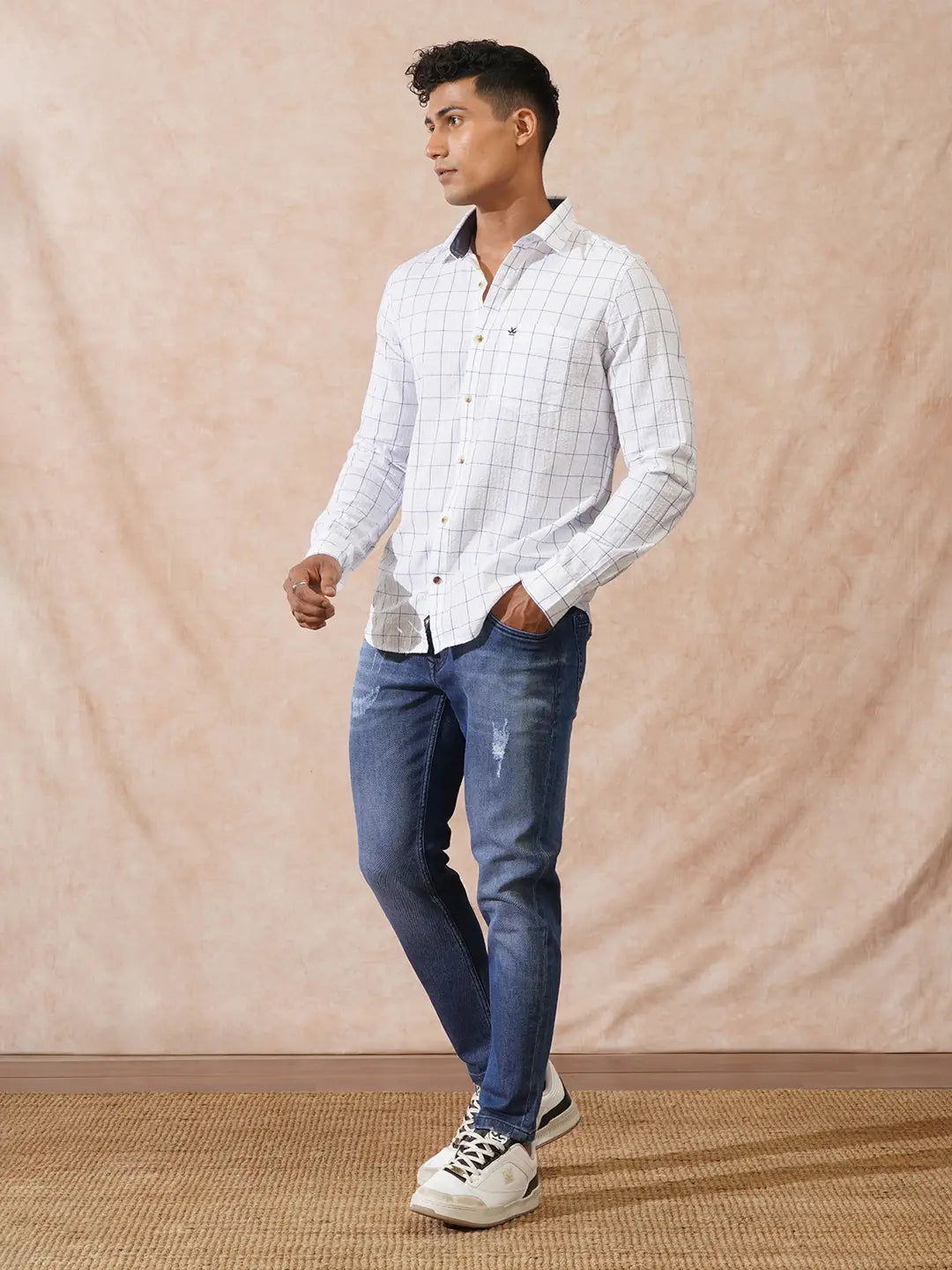 Checked Seersucker Slim Fit Shirt | White