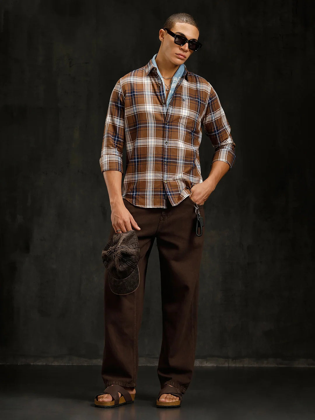 Cotton Twill Checked Shirt | Brown