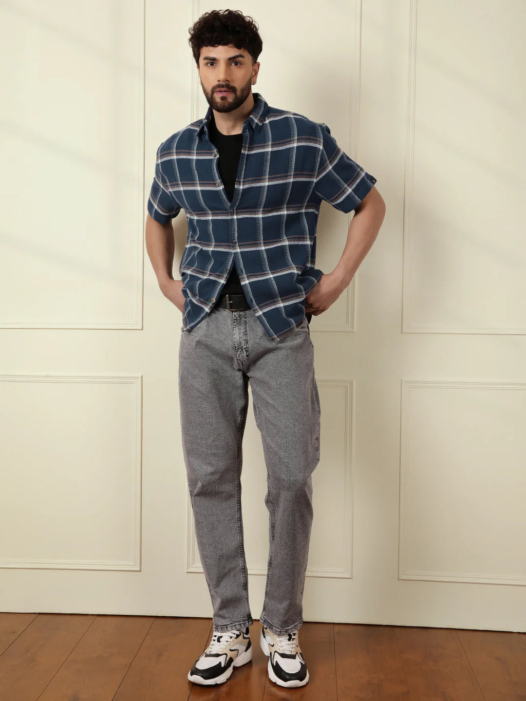 Checked Short Sleeve Textured Shirt | Navy Blue