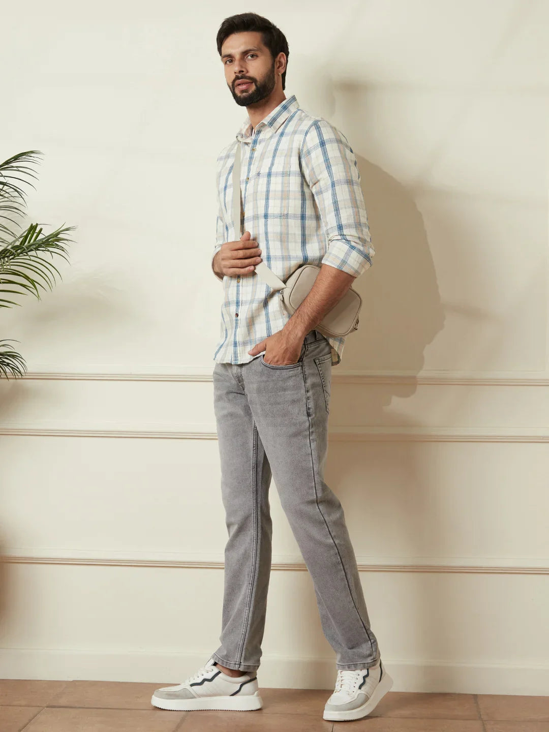 Checked Slim Fit Textured Shirt | Off White