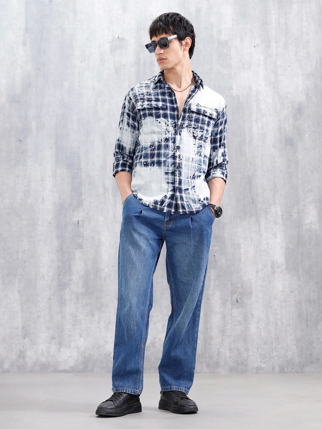 Distressed Plaid Check Shirt With Pockets | Blue