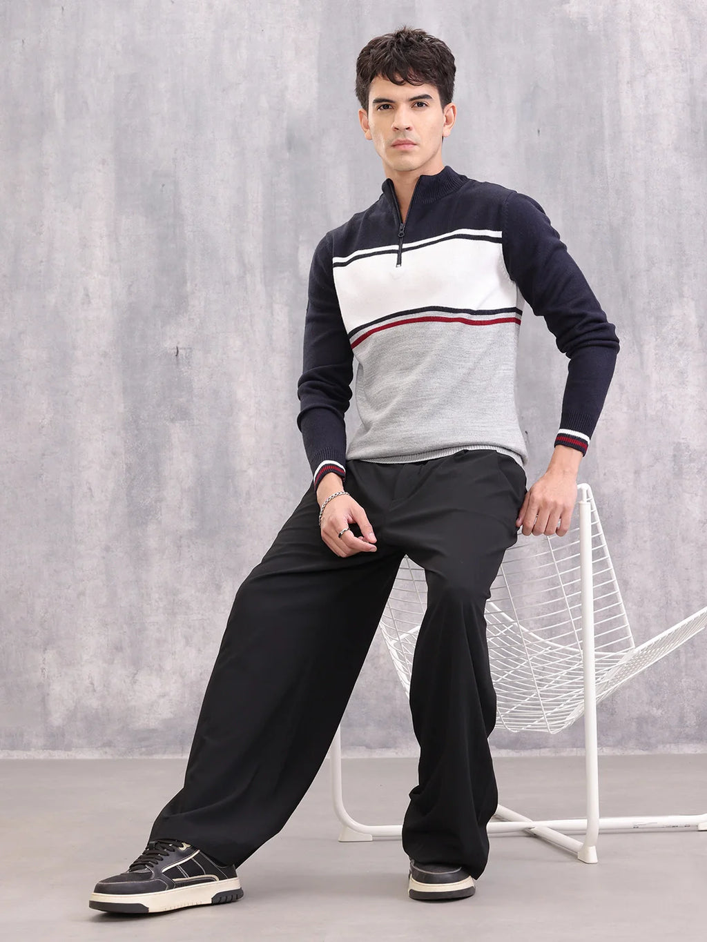 Colourblock Half Zipper Pullover Sweater | Navy Blue