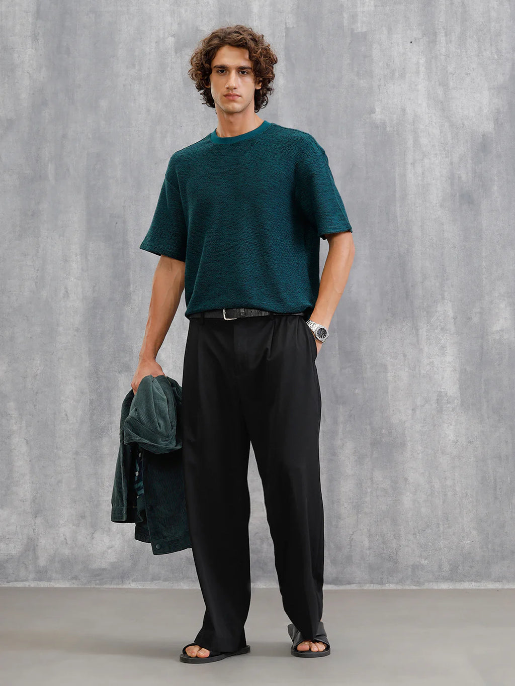 Two Tone Textured Slub Knit Oversized Crew Neck T-Shirt With Chunky Rib | Teal