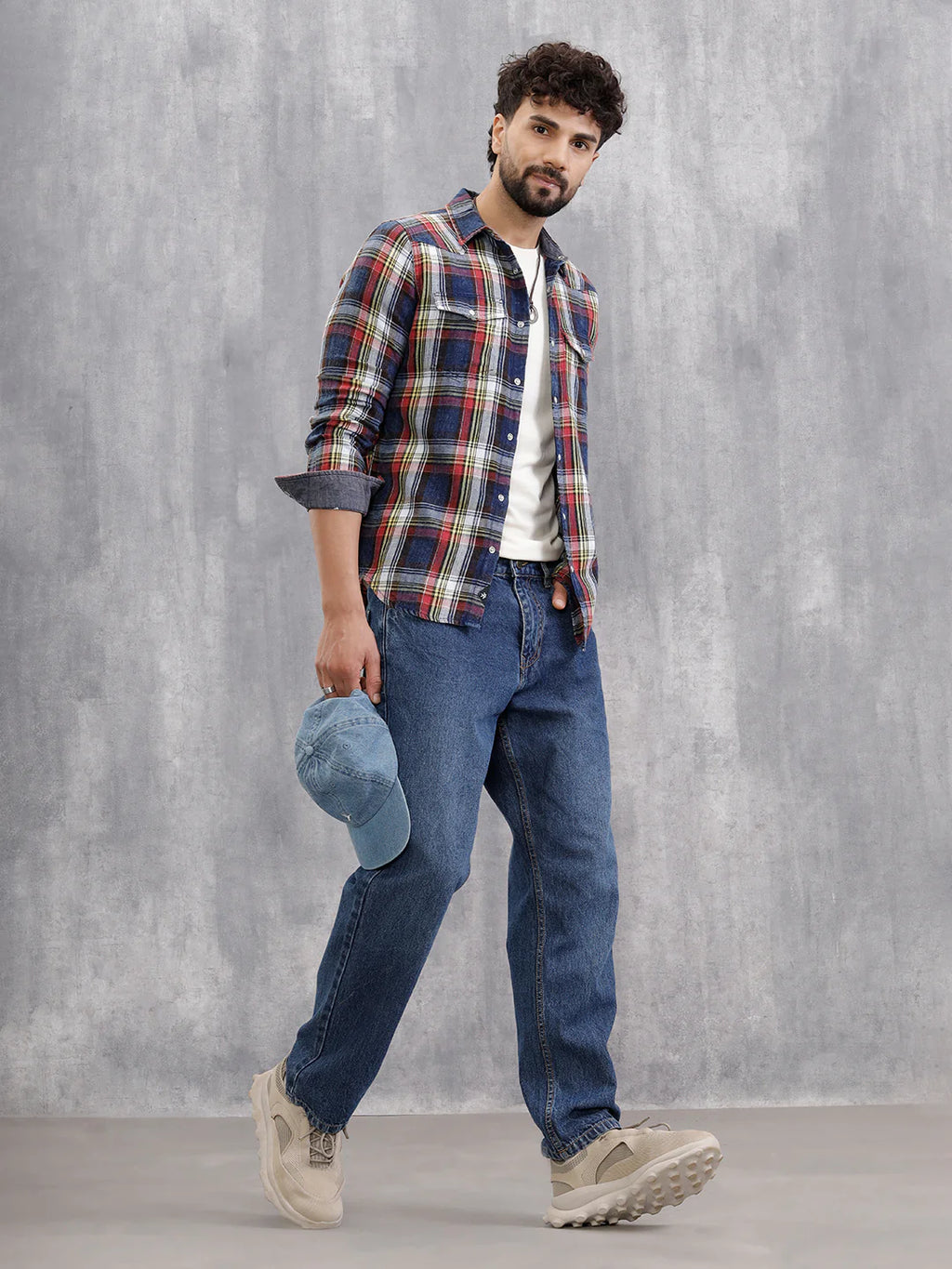 Acid Washed Indigo Check Shirt With Western Yoke | Red