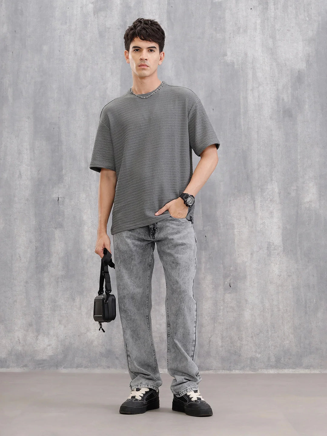 Honeycomb Textured Knit Crew Neck Pullover In Oversized Fit  |  Grey