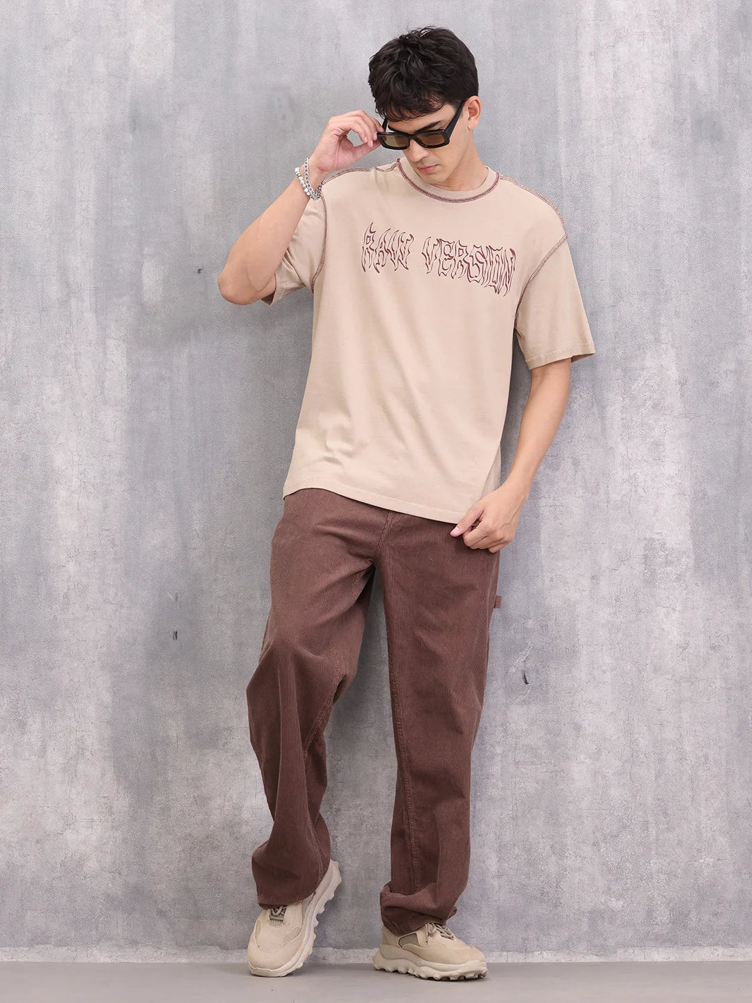 Contrast Stitch Detail Goth Inspired Oversized Fit T-shirt | Beige
