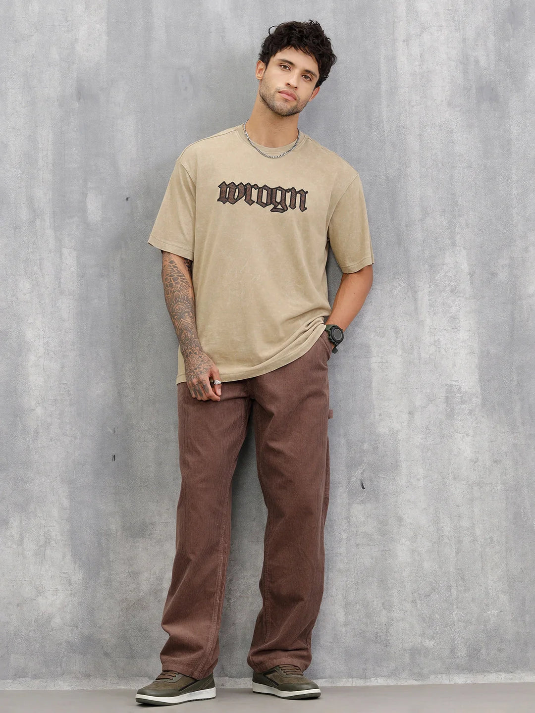 Acid Wash Oversized Fit T-shirt With Embroidery | Khaki