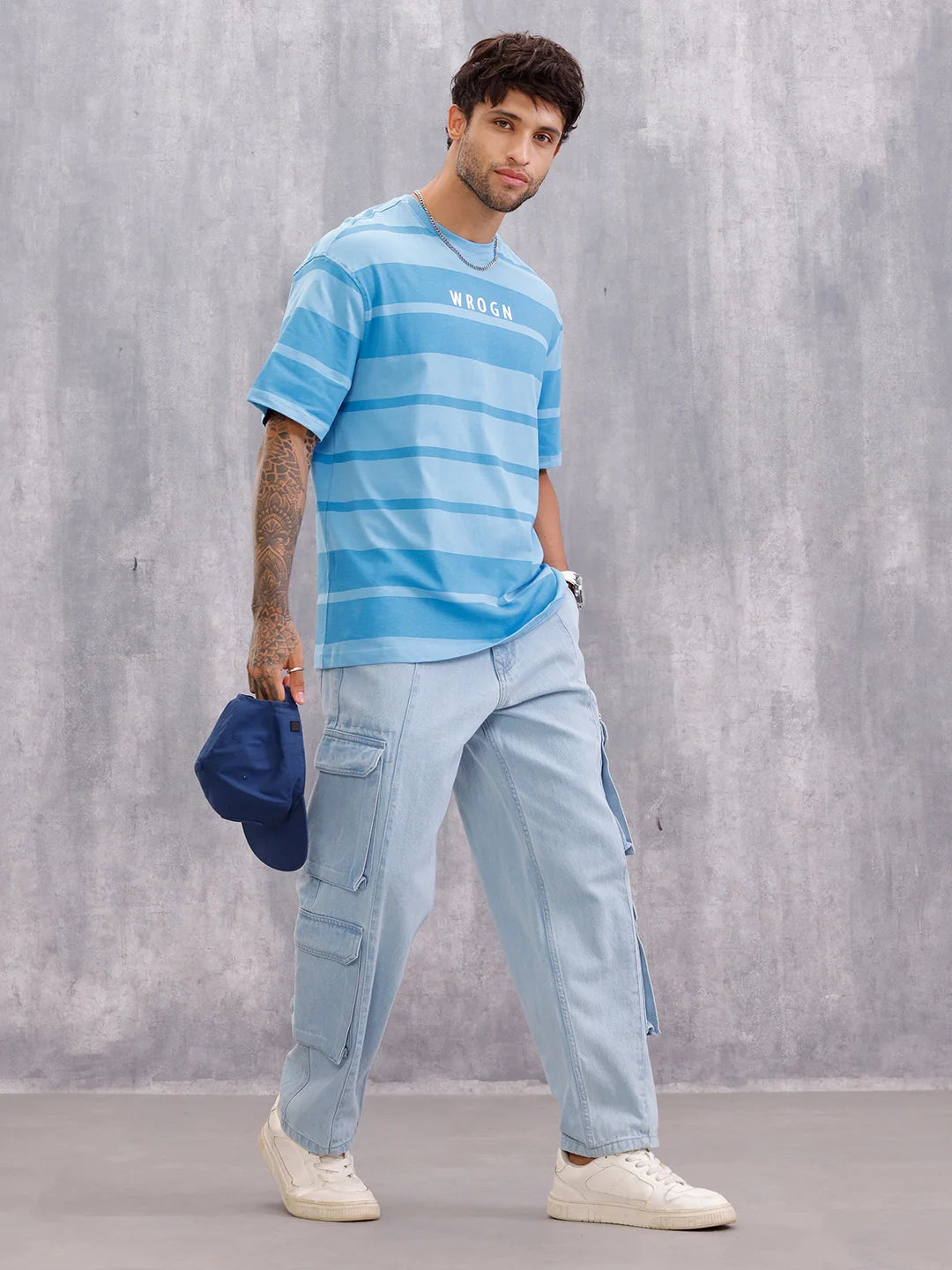 Tonal Printed All Over Striper Tee I Blue