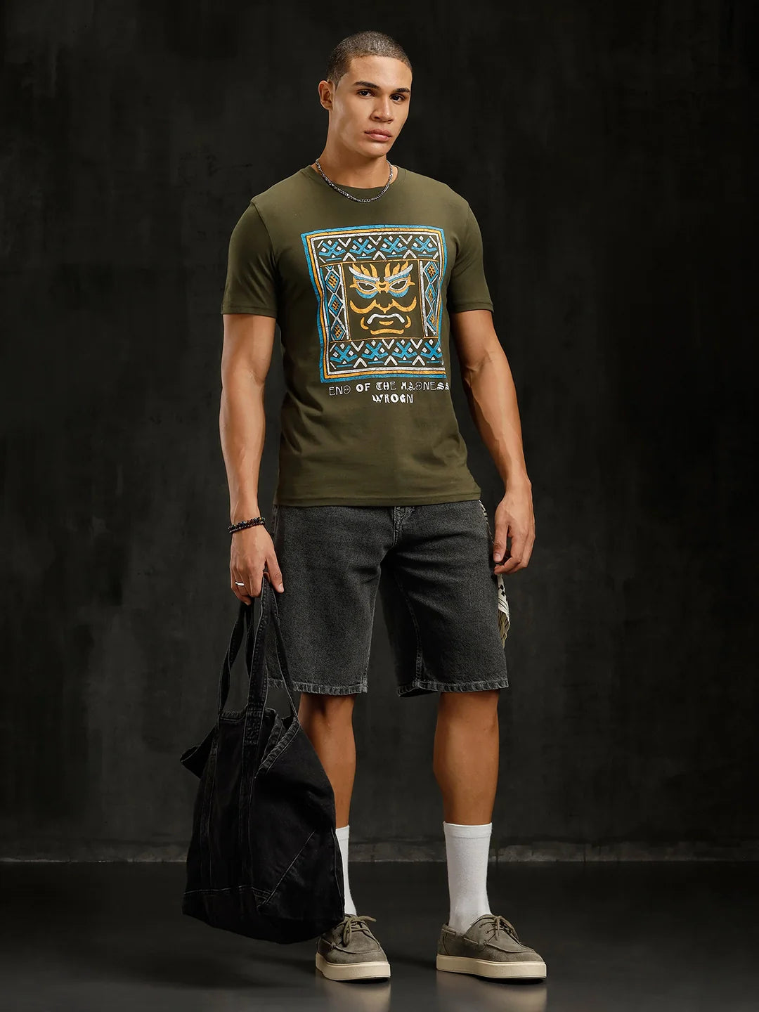 Mythical Faces Printed T-Shirt | Olive
