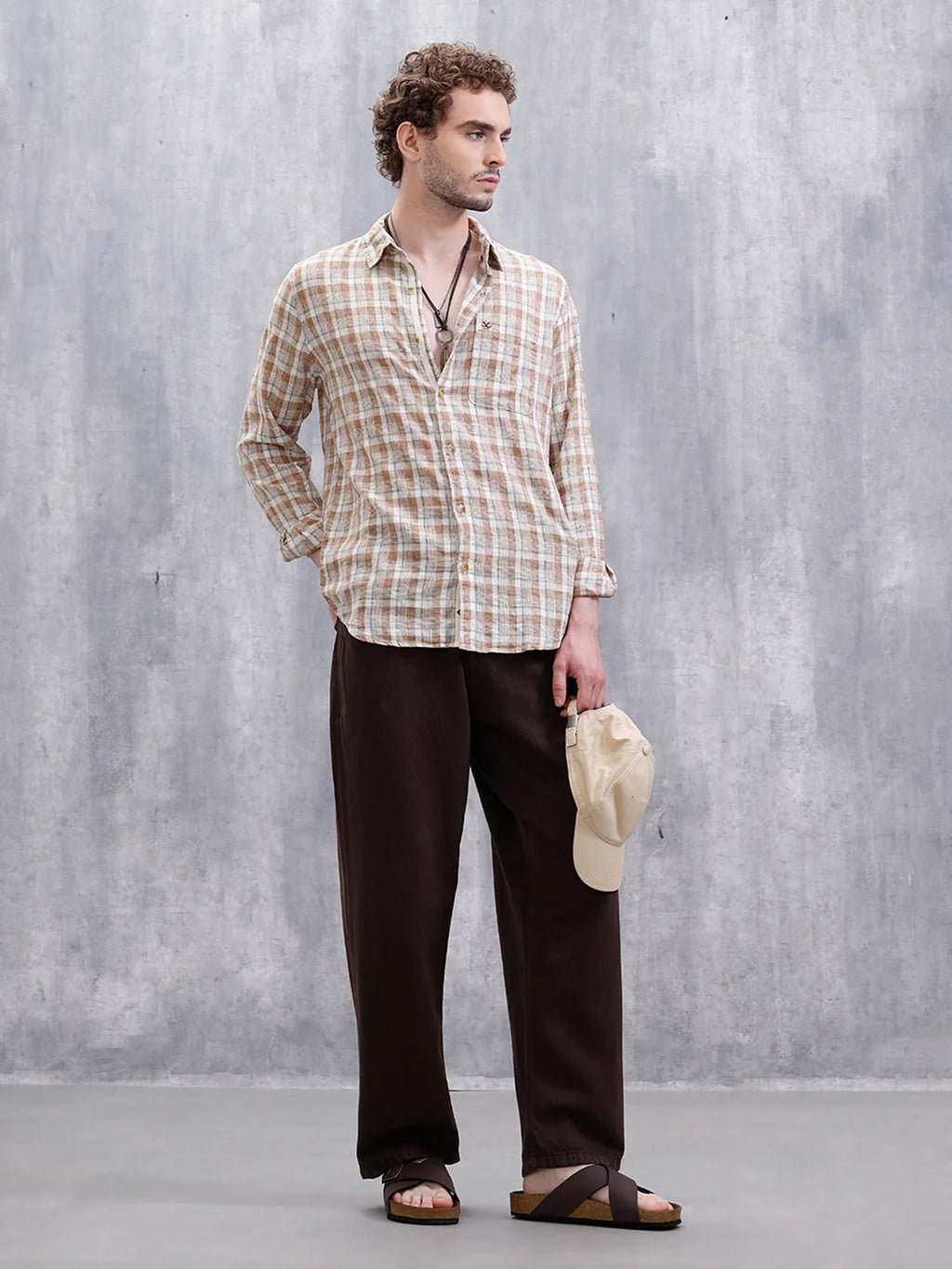Checked Linen Blend Shirt  | Khaki