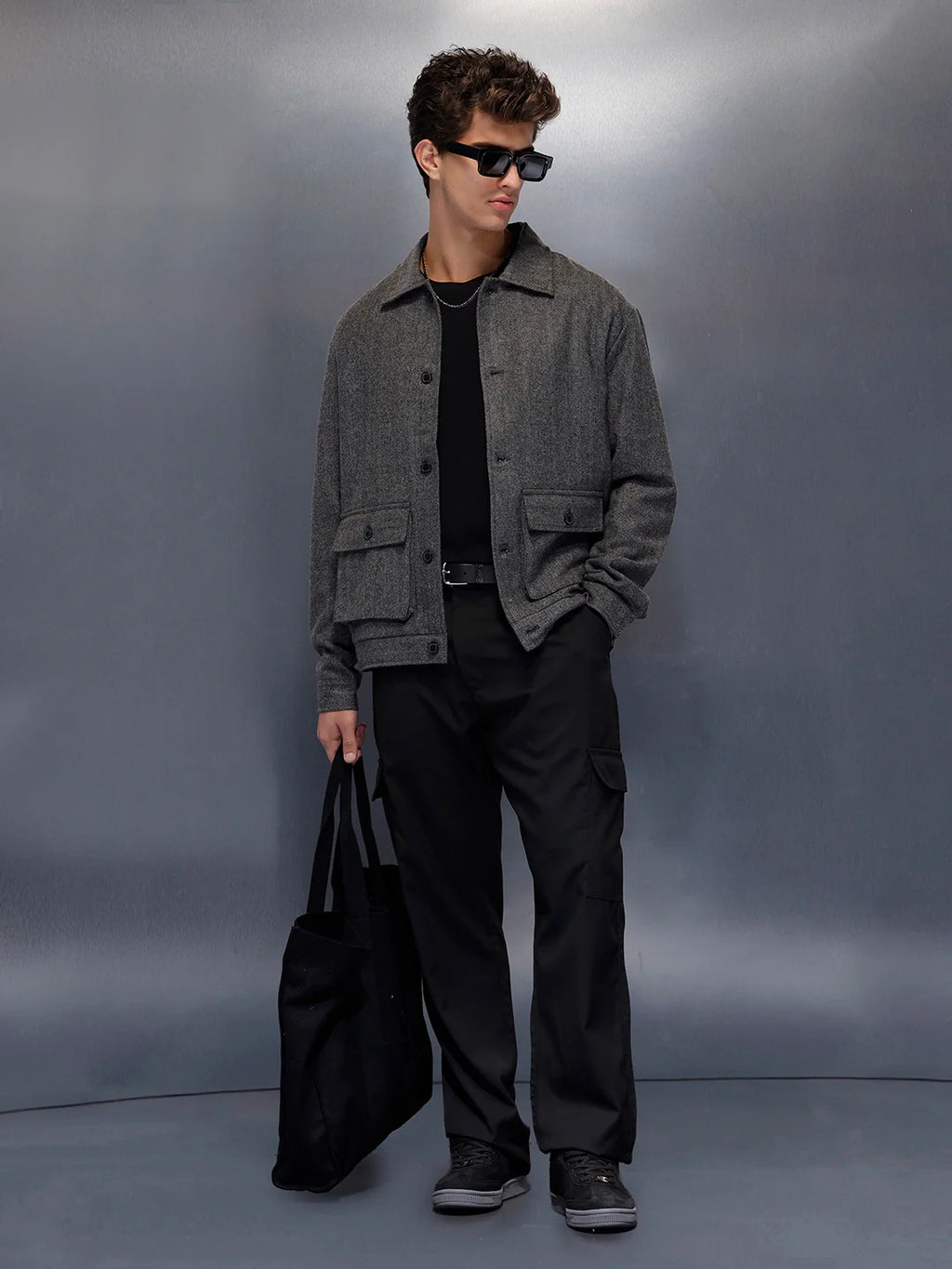 Classic Grey Button-Down tectured jacket | Black