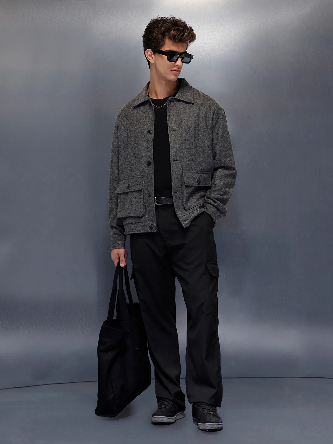 Classic Grey Button-Down tectured jacket | Black