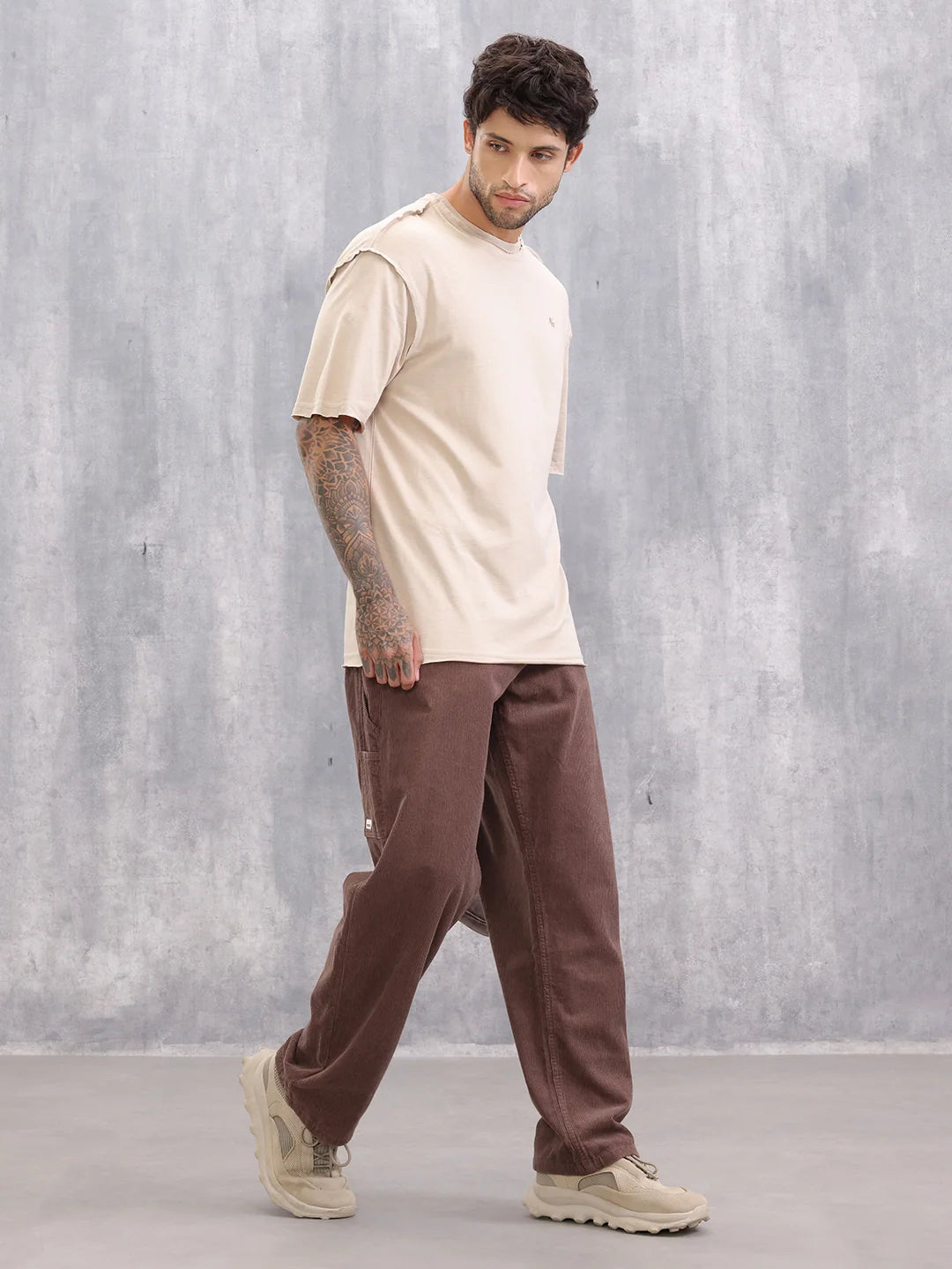 Raw Edge Oversized Fit T-shirt With Flat Lock Detail | Beige
