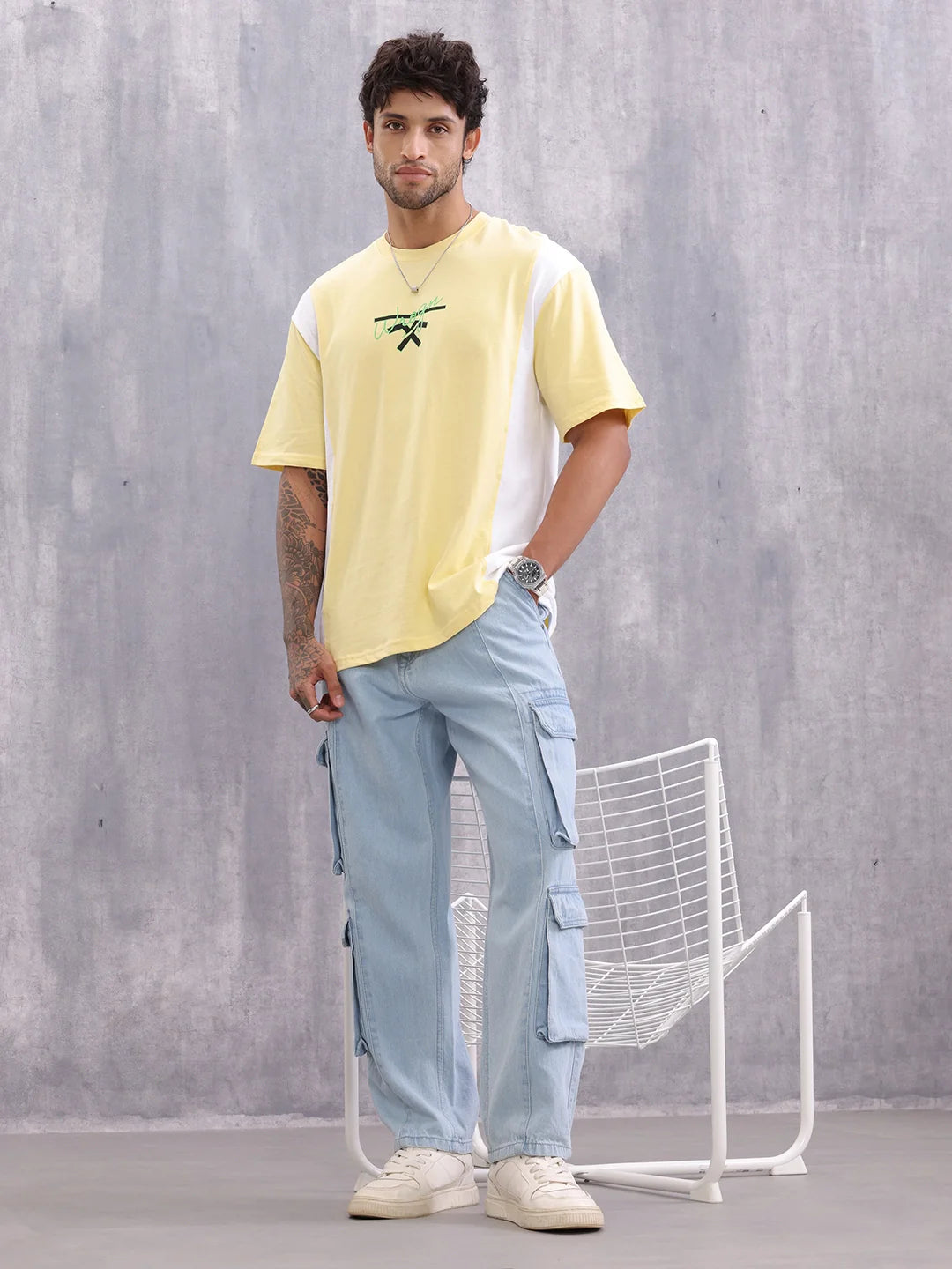 Retro Colourblock Oversized Fit T-shirt With Print | Yellow