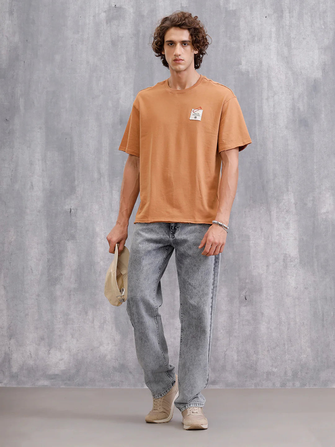 Solid Oversized T-Shirt With Printed Canvas Patch And Raw Edge Detail | Brown