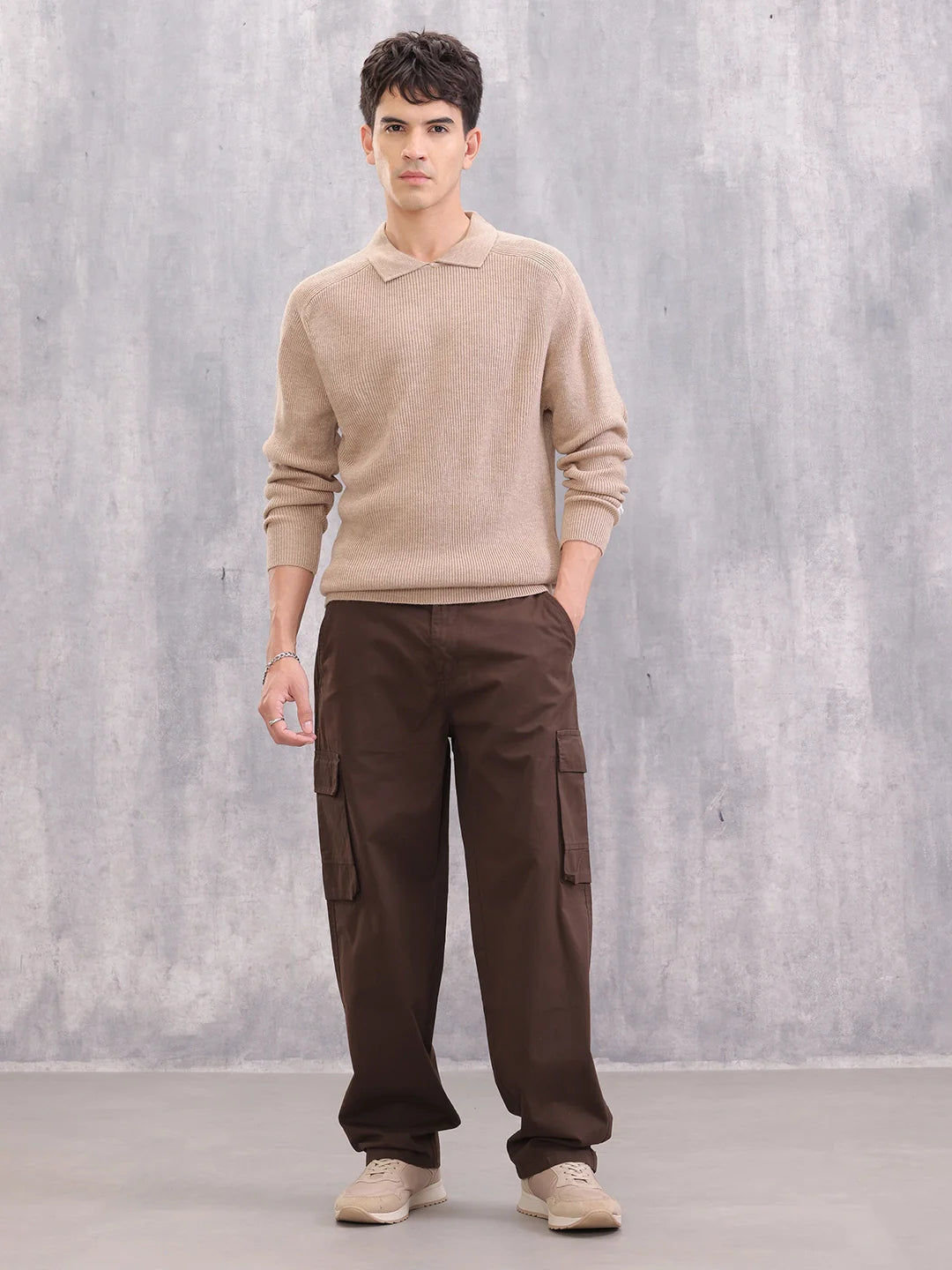 Comfort Fit Rib Sweater With Collar I Beige