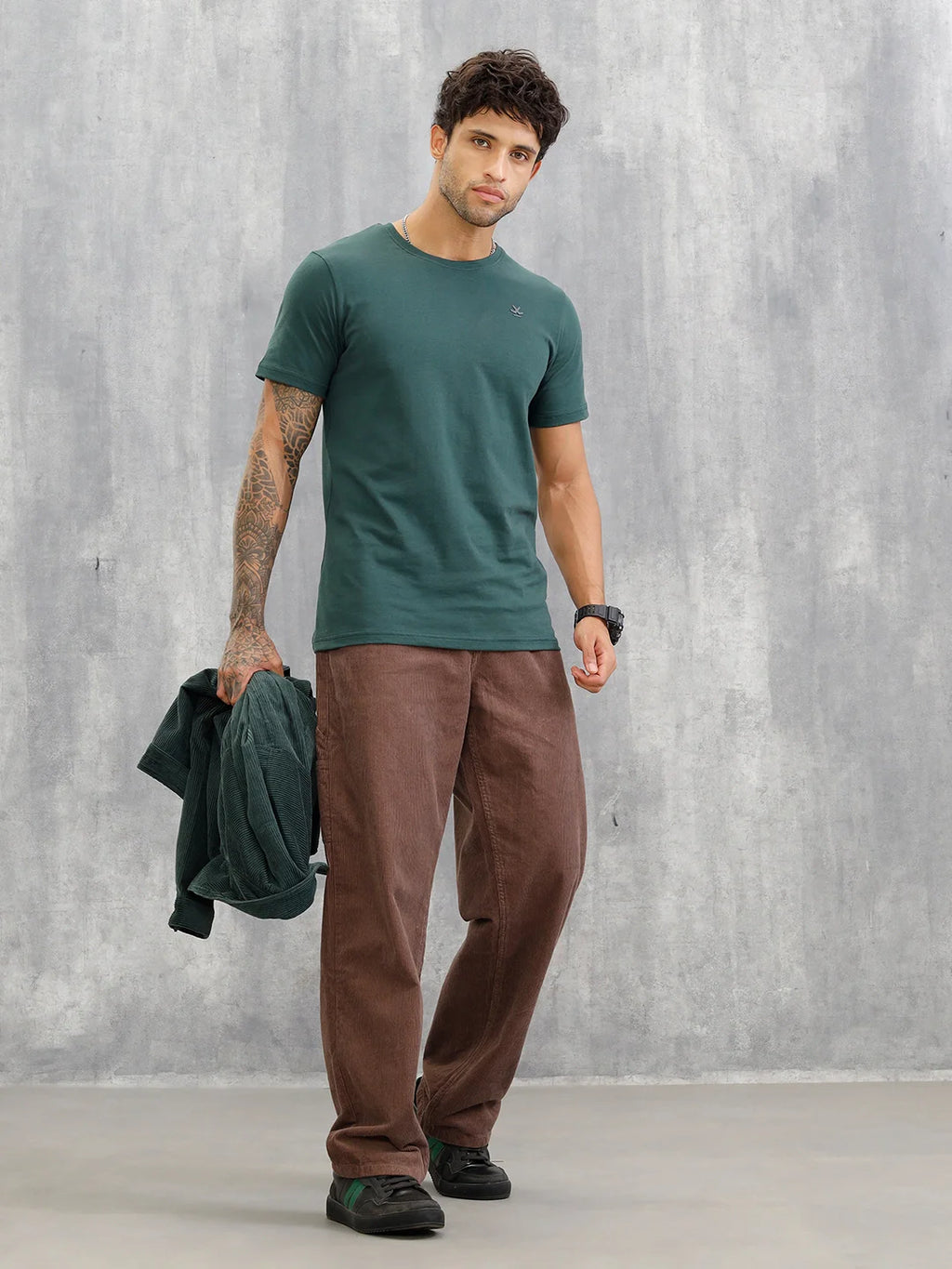 Hd Logo Printed Regular Fit T-shirt with Cut And Sew At Back | Dark Green