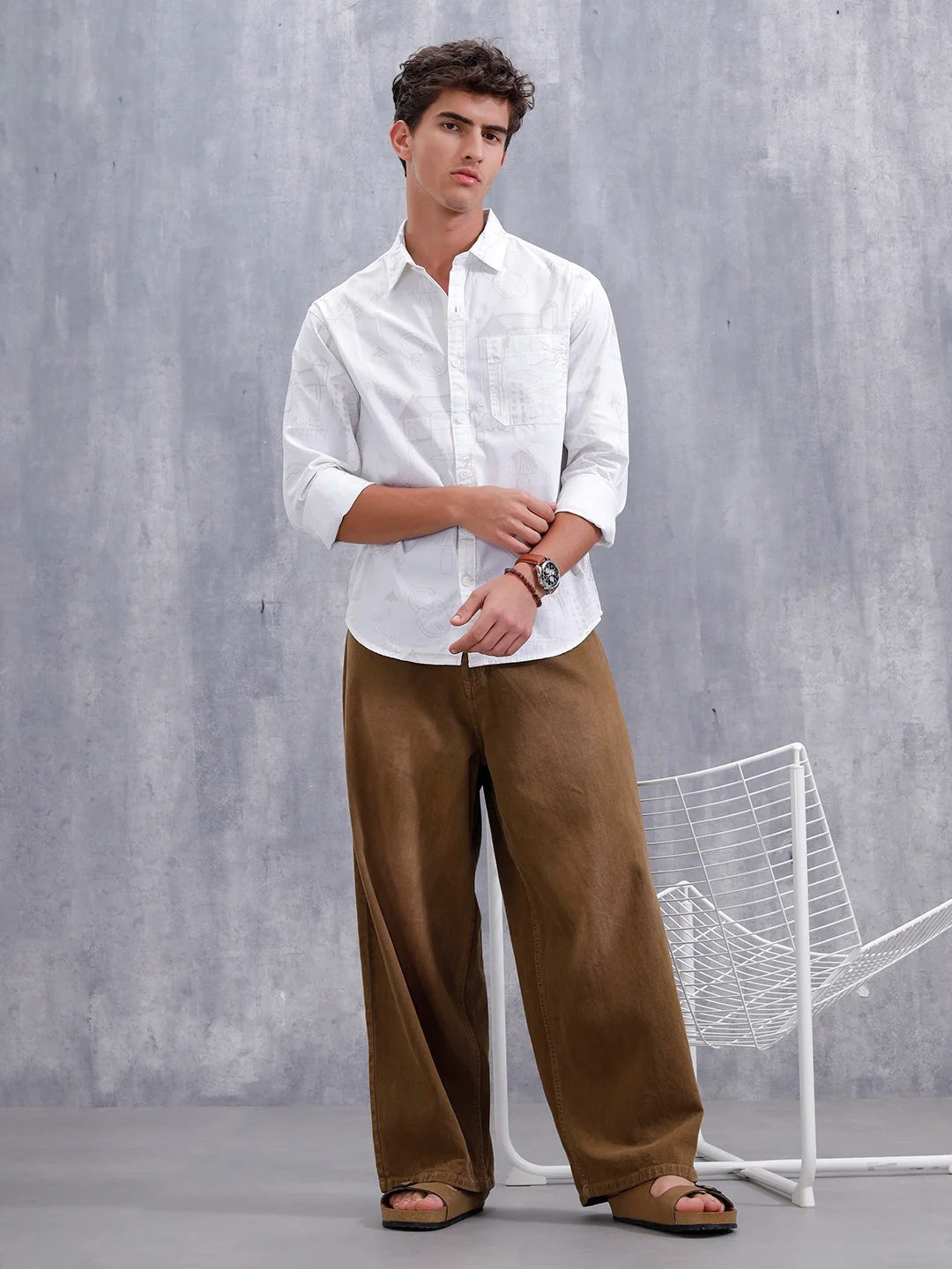 Aop Printed Comfort Fit Spread Collar Shirt | White