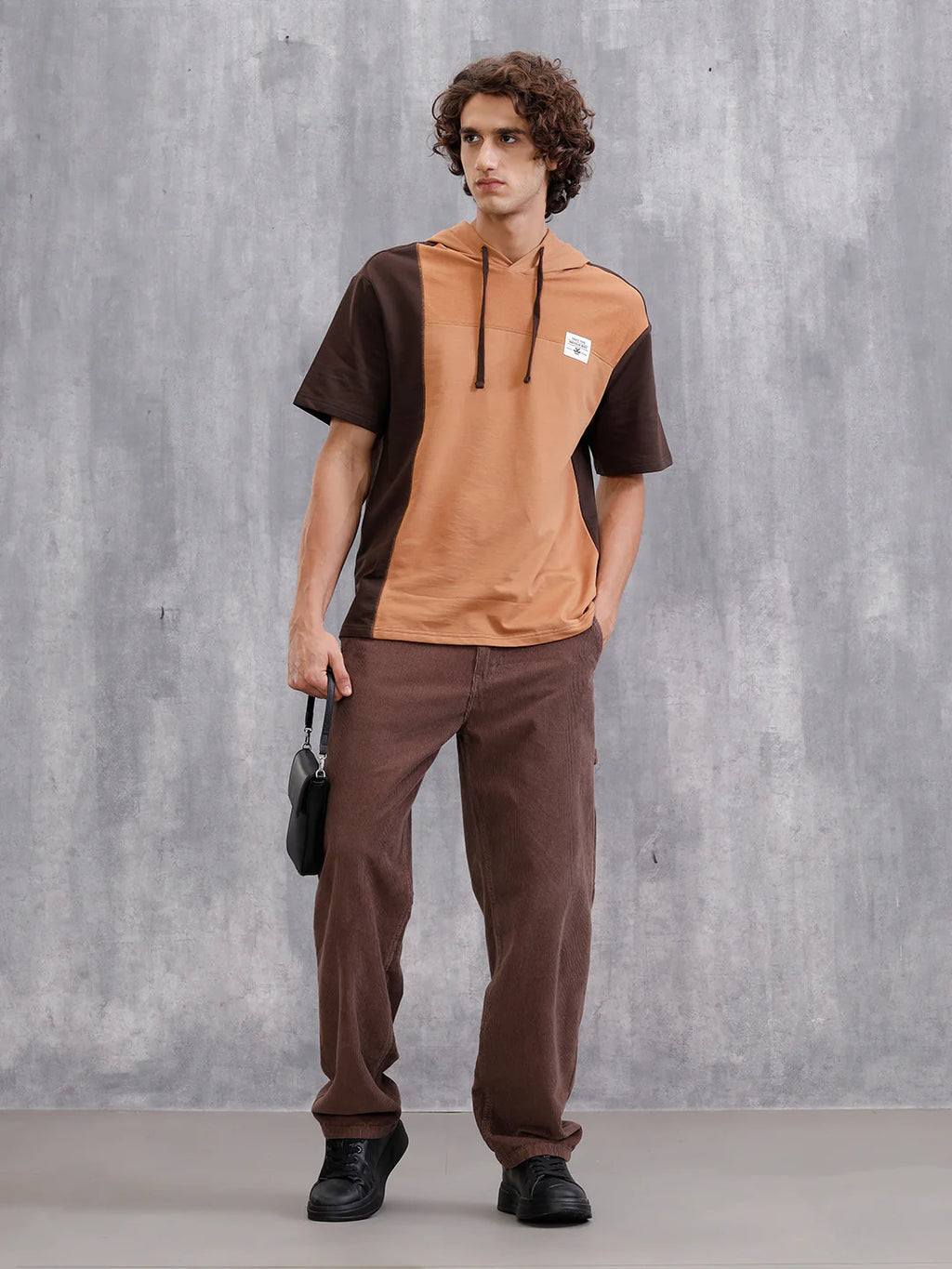 Asymmetrical Colorblocked Textured Hoodie With Printed Canvas Patch | Brown