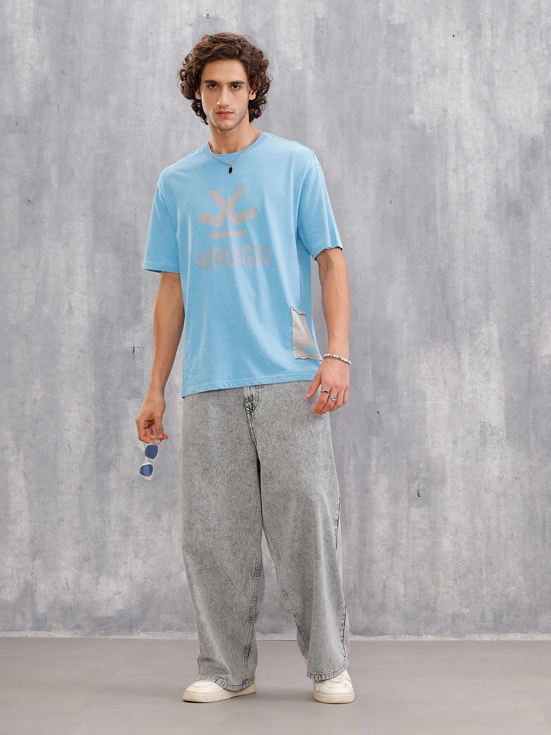 Acid Wash Oversized Fit Tshirt With Printed Patch |  Blue