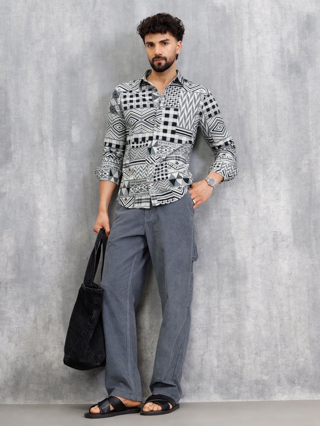 Corduroy Geometric Print Shirt In Slim Fit | Grey