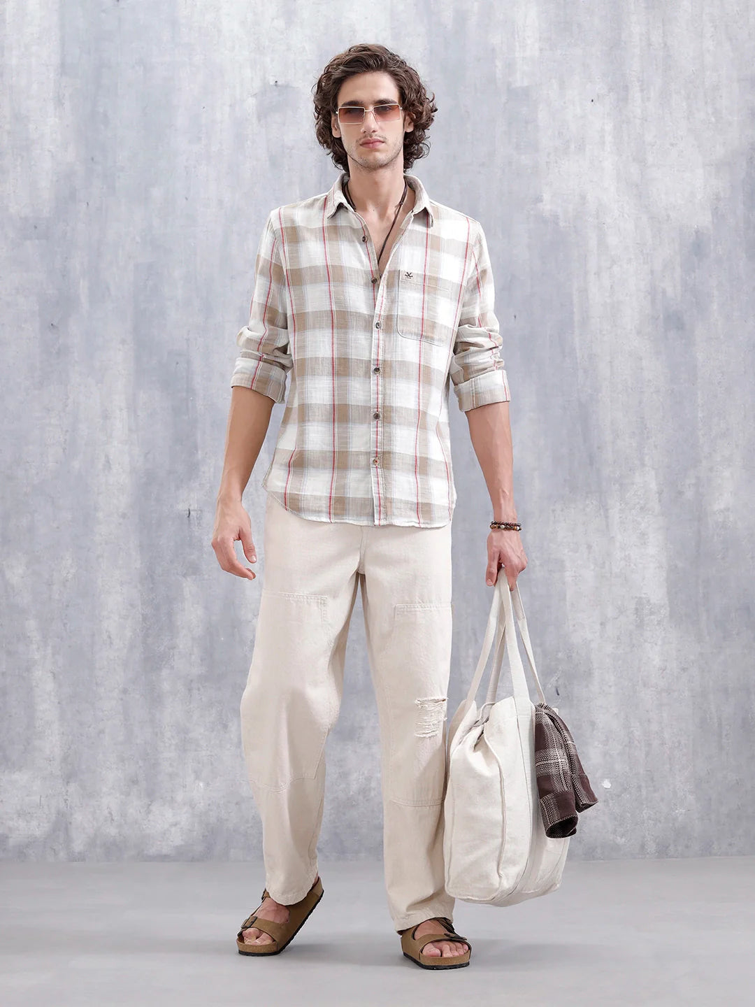 Cotton Twill Slub Checks Slim Fit Shirt | Beige